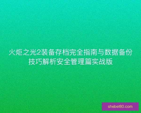 火炬之光2装备存档完全指南与数据备份技巧解析安全管理篇实战版
